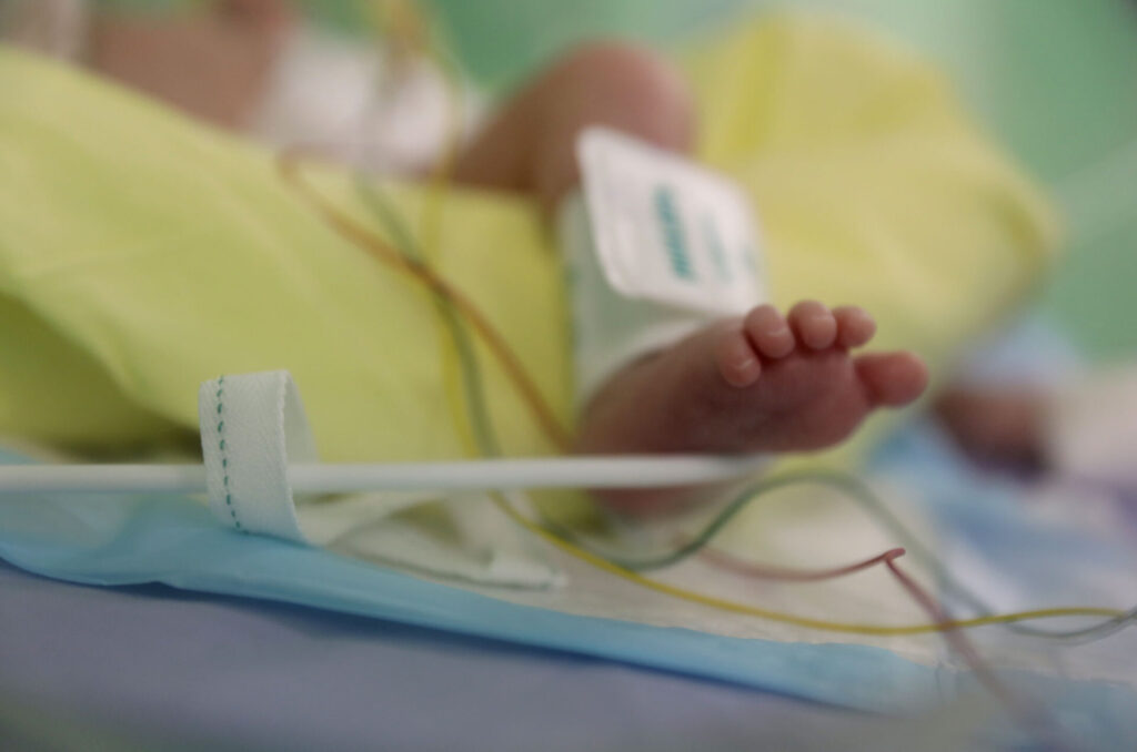 Close-up of a premature baby's foot in the hospital