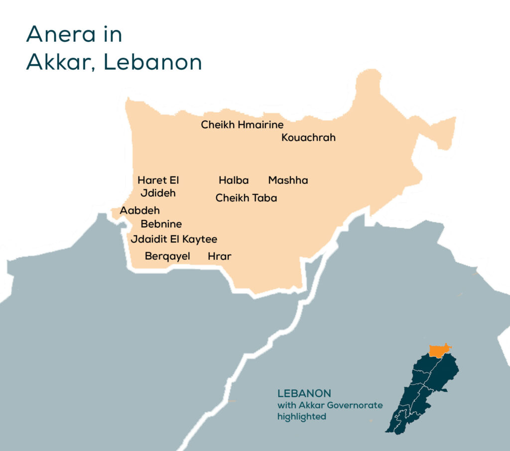 Map of the Akkar governorate in Lebanon with some of the towns where Anera works identified