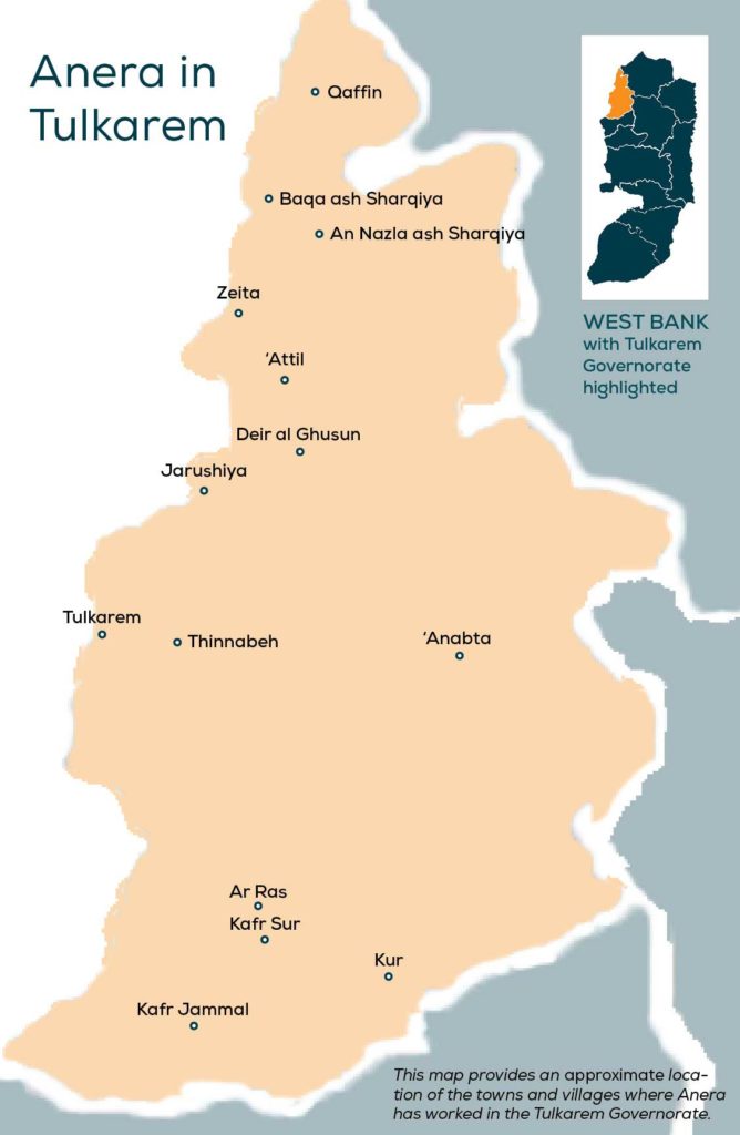 Map of the Tulkarem Governorate in the West Bank showing where Anera has worked.