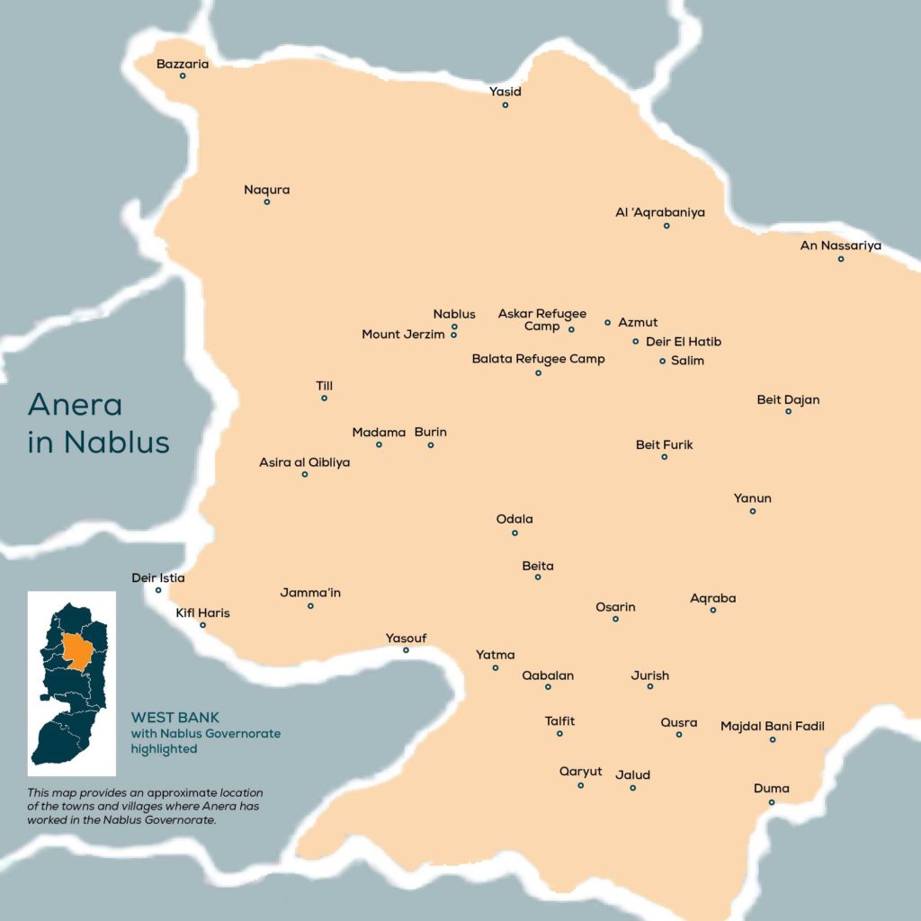 NablusMAP Map showing where Anera has worked in the Nablus Governorate in the West Bank.
