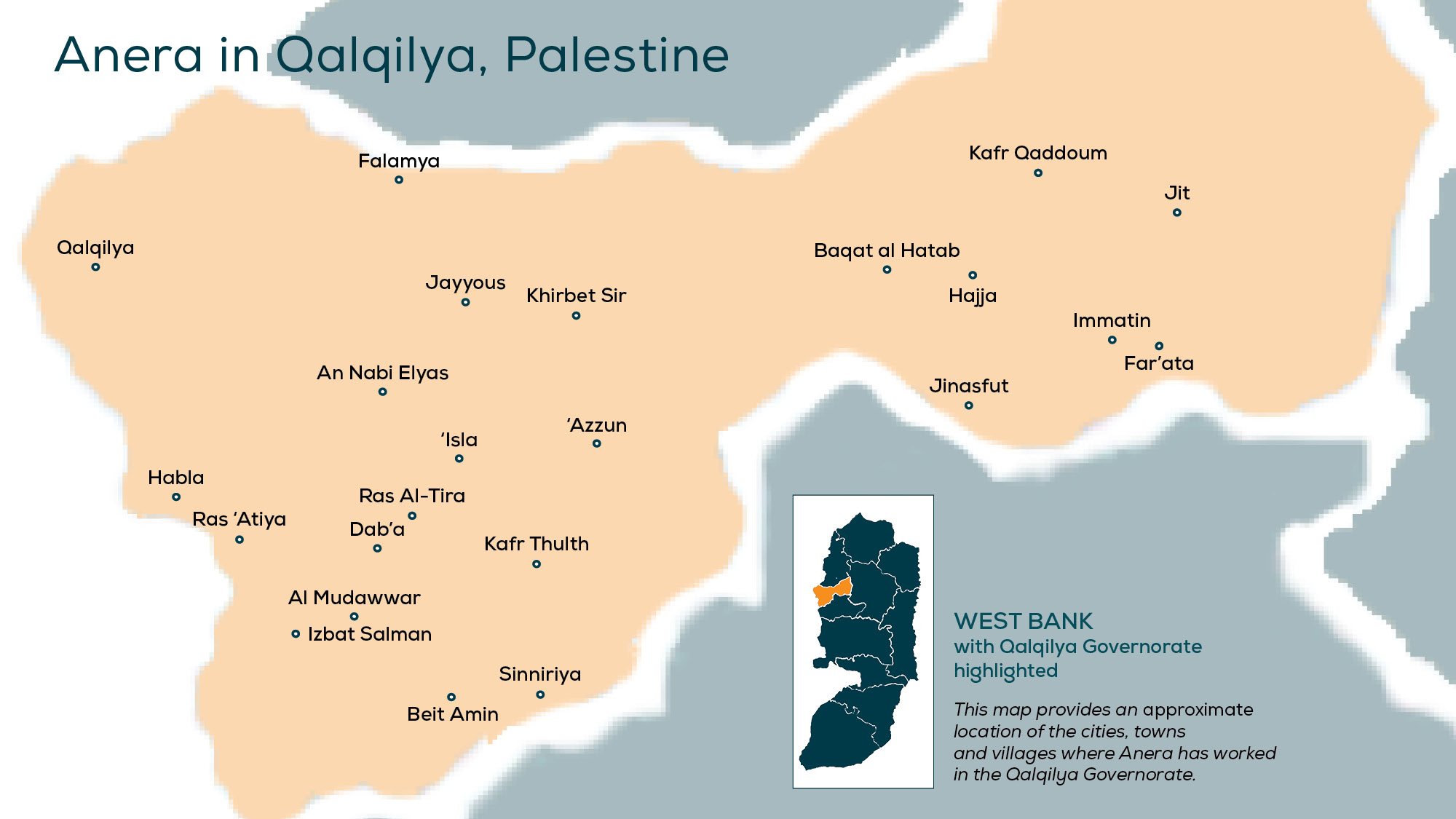Map of Anera's projects in Qalqilya, Palestine