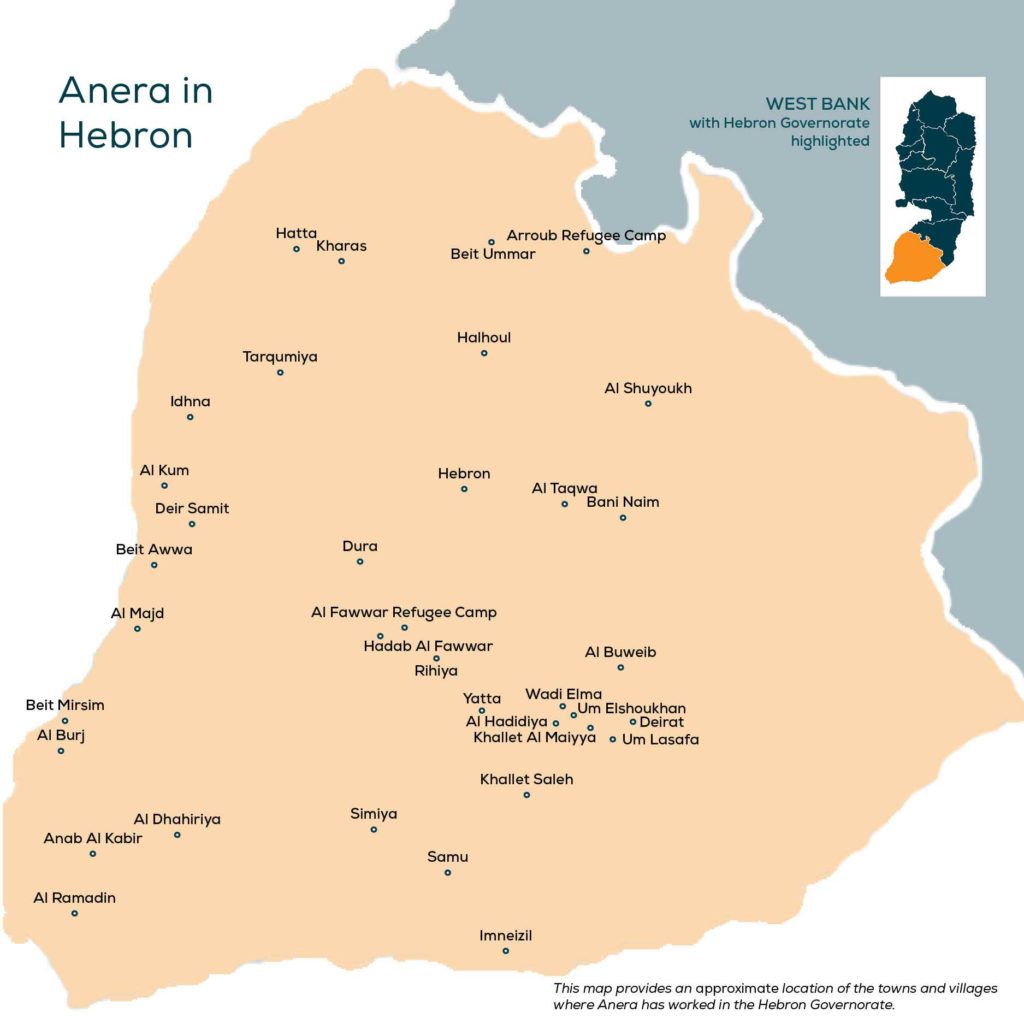 Map of Hebron Governorate in Palestine showing Anera project locations.