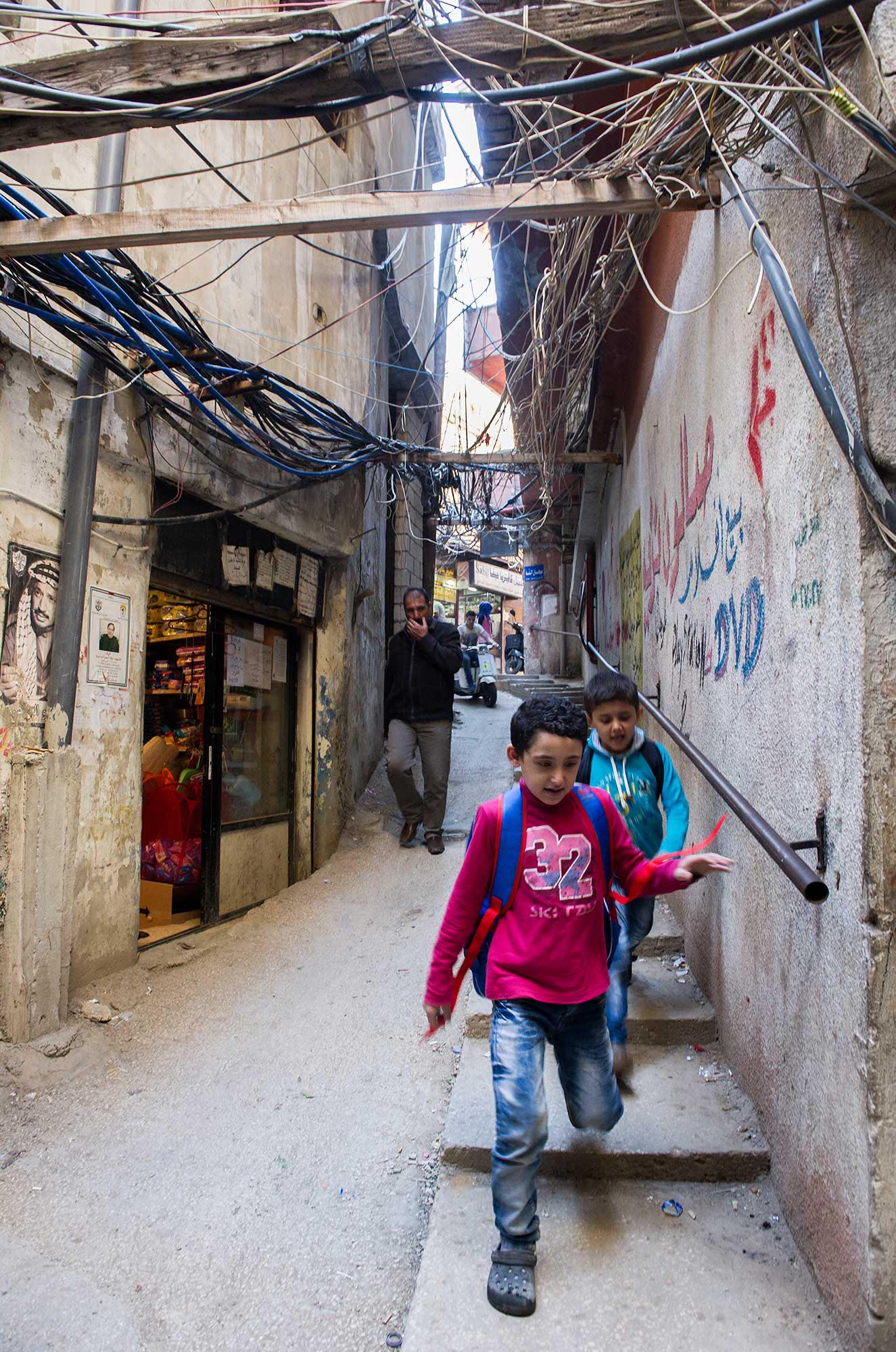 This is a typical “street” in Burj El Barajneh, with unsafe electrical wires exposed.