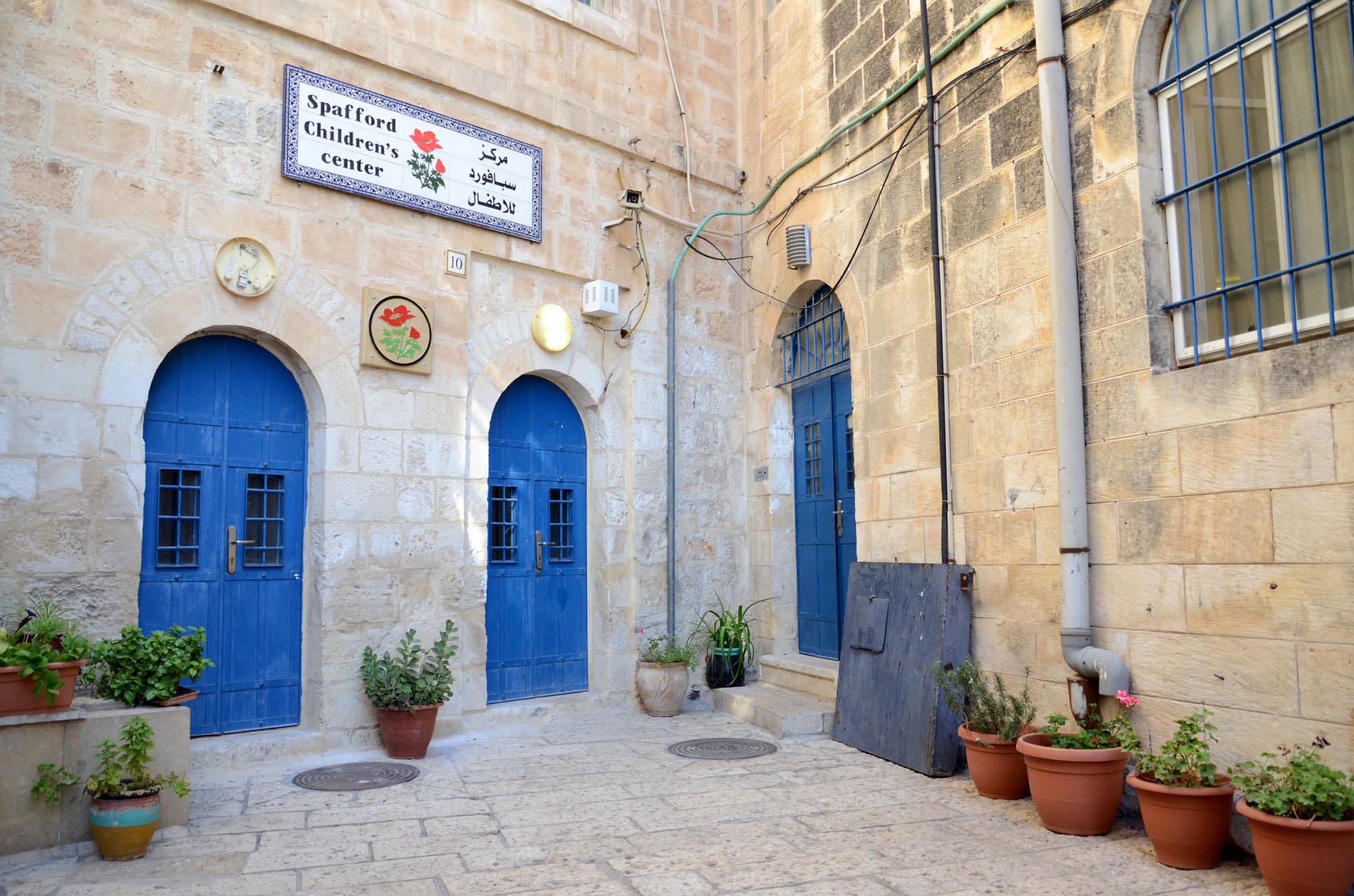 The entrance to the Spafford Children's Center for child health and wellness in Palestine.