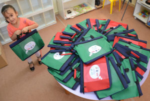 Special bookbags full of fun children's books and educational materials. Anera distributed them to 2,000 preschoolers in Gaza and the West Bank.