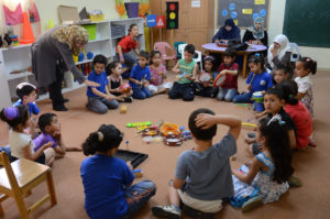 Palestinian trainee teachers observe a colleague as she conducts a music lesson in a West Bank preschool.