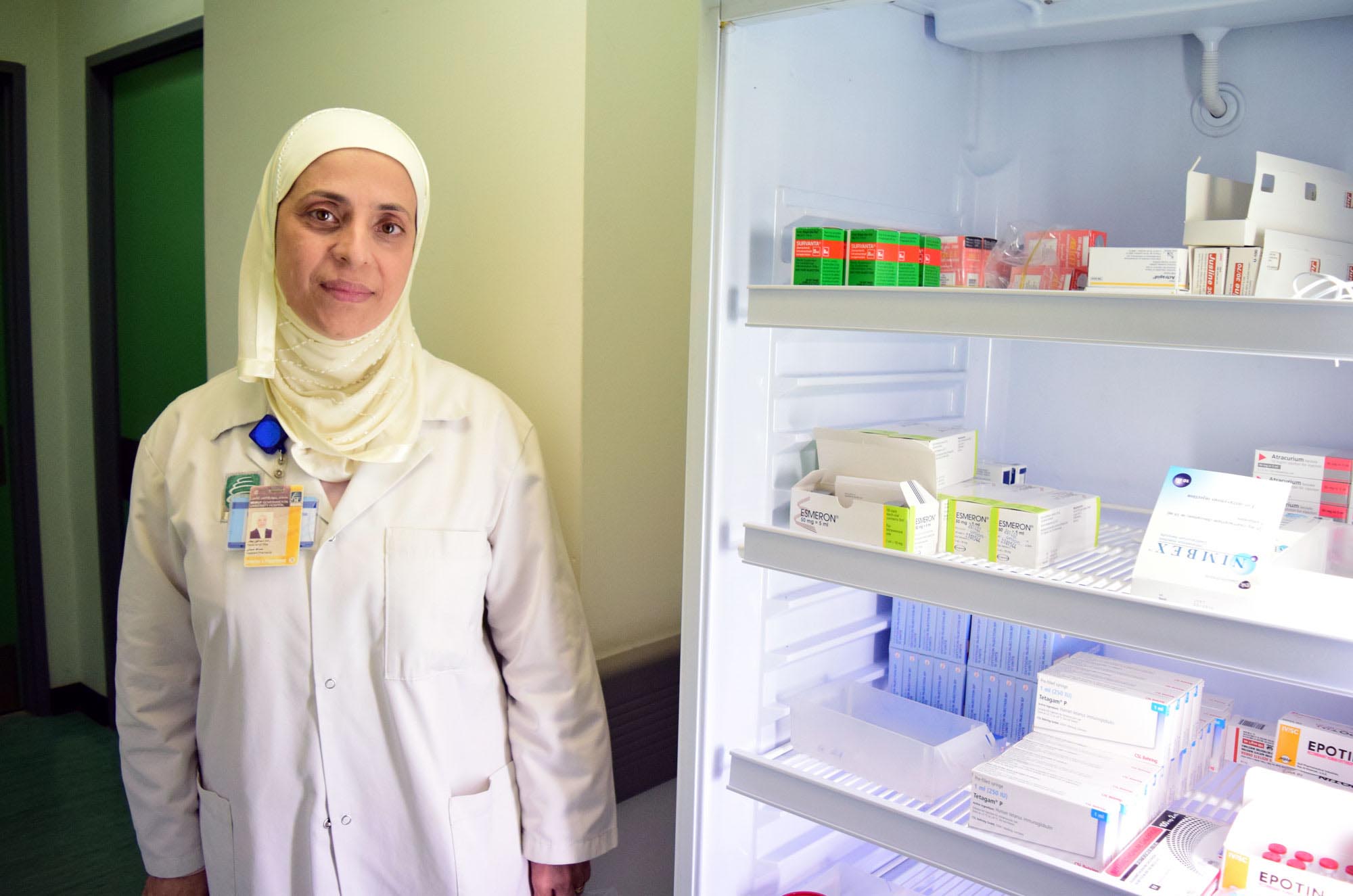 Raeda Bitar, a pharmacist, says the donated medicine helps the hospital cope with preterm births.