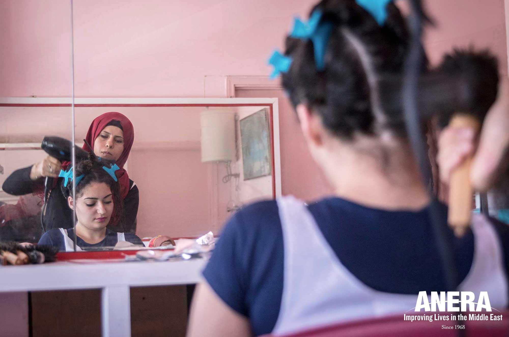 Syrian and Palestinian refugee girls attend a hairdressing class in Sidon.
