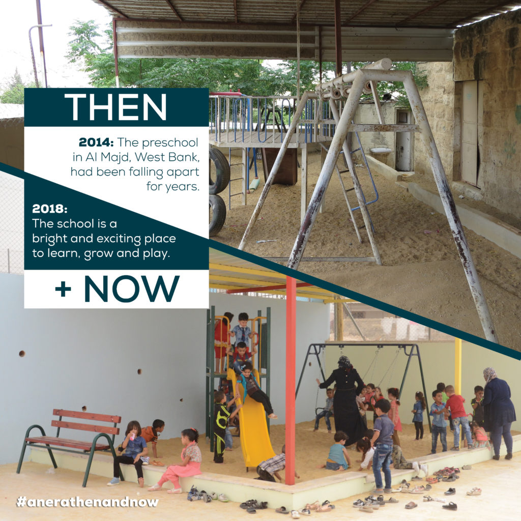 Playground at Al Majd Preschool in the West Bank, before and after Anera's work.