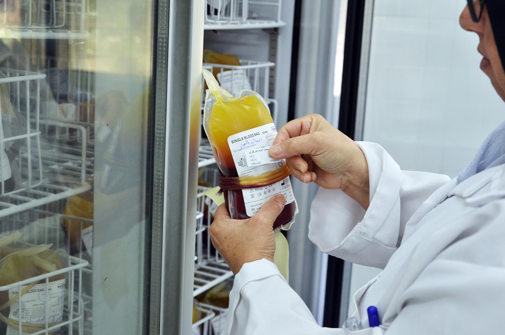 Before it is put into storage, each blood bag is tagged with the blood type and verification that it was tested.