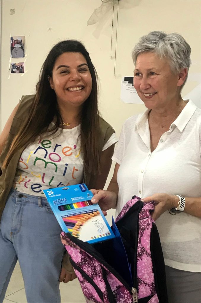 Anera Lebanon’s Maria and Piney at the October 7 backpack distribution.