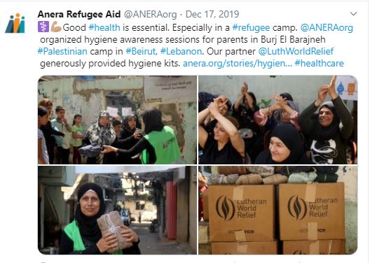 Anera tweet about distribution of hygiene kits in Burj El Barajneh Palestinian Refugee camp in Lebanon