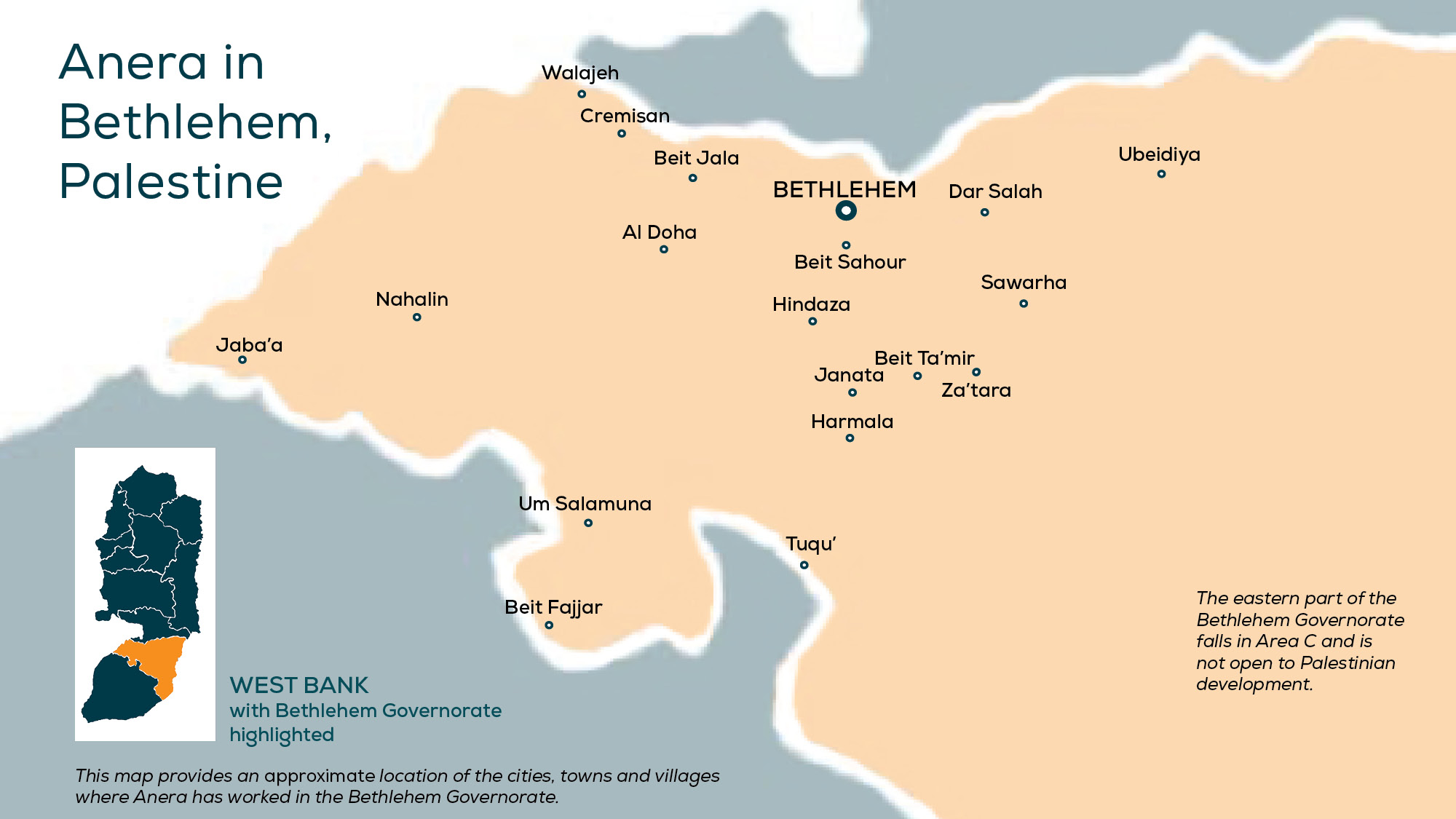 Map of locations in the Bethlehem Governorate, Palestine where Anera has delivered programs.