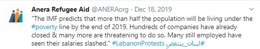 Anera tweet saying that the IMF predicts more than half the population in Lebanon will be living under the poverty line by the end of 2019.