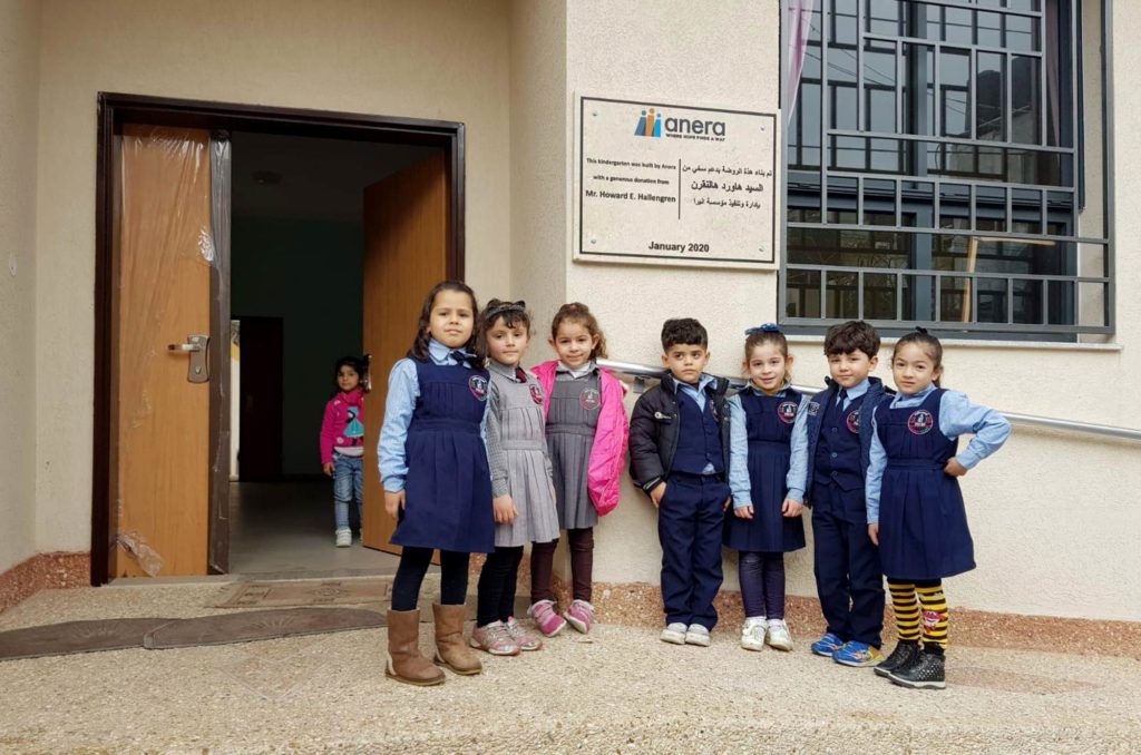 Children gathered at the opening of the new preschool for refugee children in Gaza.