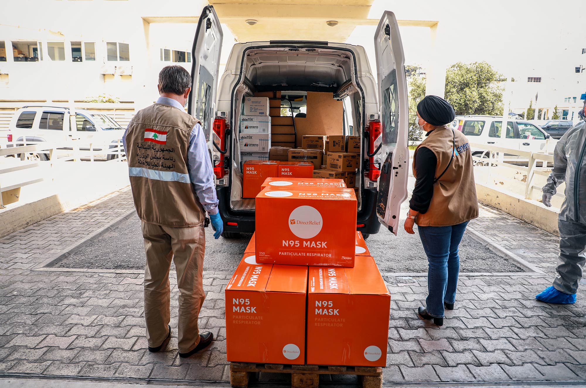 Unloading a shipment of N95 masks donated by Direct Relief to the Rafik Hariri University Hospital in Lebanon.