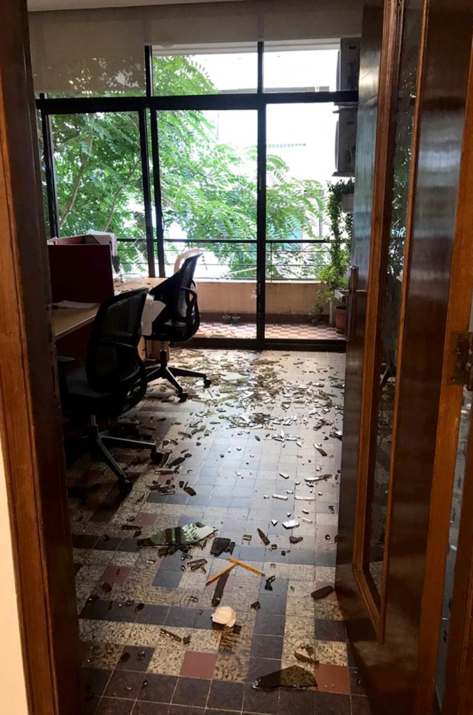 Damage sustained by Anera’s Beirut office from the blast today. Photo by Malakeh Terkawi, Anera Lebanon’s new business development officer, who was in the office when the explosion hit.