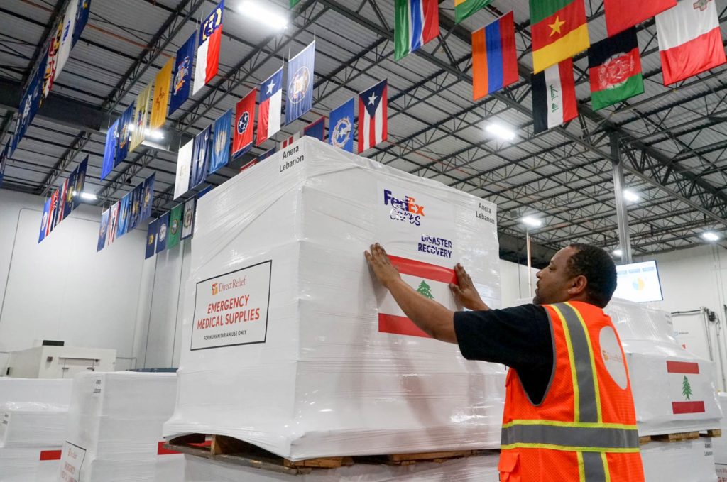 Pallets of donated medicines being loaded by Direct Relief for Lebanon