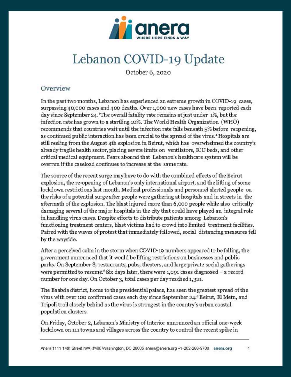 Anera's October situation report on COVID-19 in Lebanon.