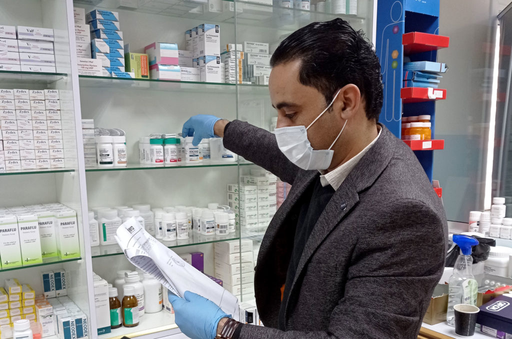 Anera’s Mohammad at the clinic pharmacy.