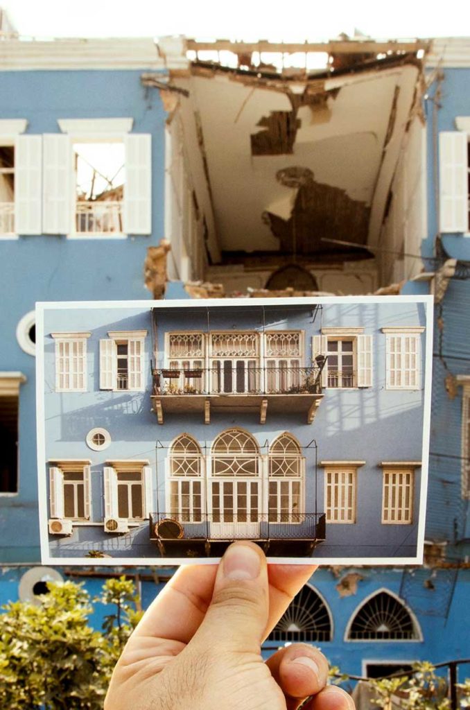 A beautiful old apartment building pictured from before the Beirut blast juxtaposed with the damage the explosion did.