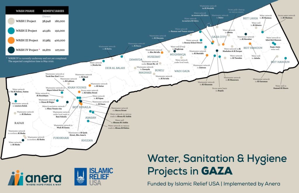 Map of Gaza with Anera's IRUSA-funded WASH work locations identified