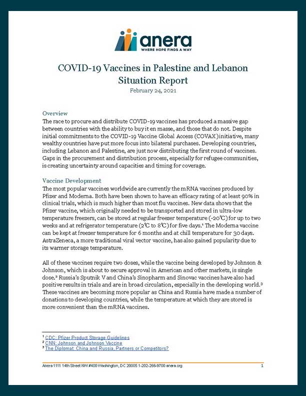 FIrst page of Anera's February 24, 2021 situation report on COVID-19 vaccines in Palestine and Lebanon.