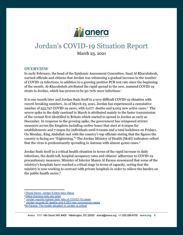 First page of Anera's situation report from Jordan on COVID vaccinations.