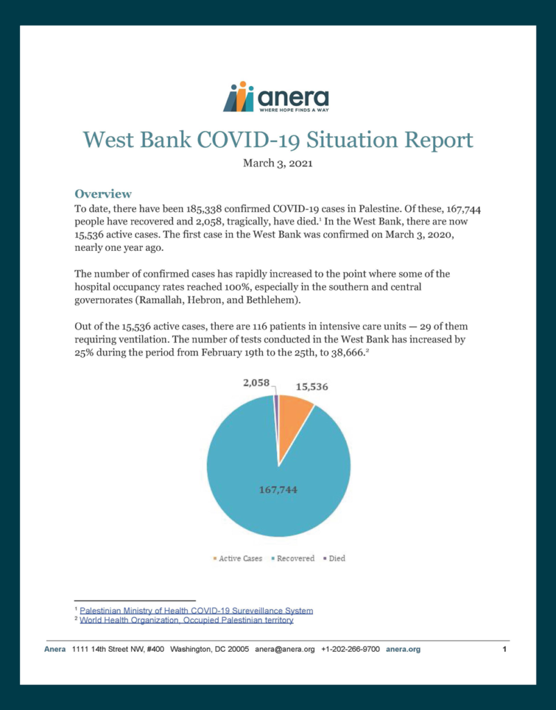 First page of a situation report on COVID-19 numbers and medical needs in the West Bank, Palestine, as of March 3, 2021.