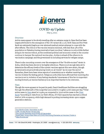 First page of Anera's May 3, 2021 situation report about COVID-19 in Palestine, Lebanon and Jordan.
