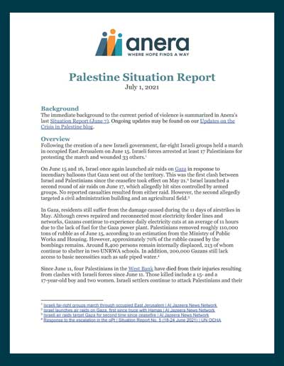 First page of Anera's Palestine situation report from July 1, 2021