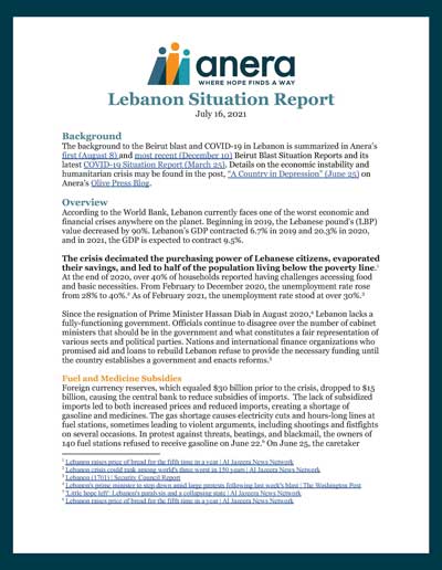 1st page of Anera's Lebanon situation report from July 16, 2021