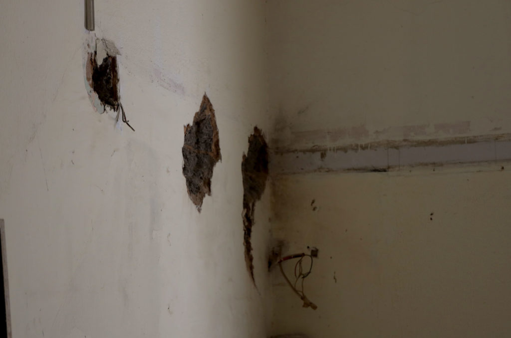 Damage to one of the walls in Elie's house from the blast, before Anera's renovation.