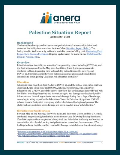 Pg-1-Anera-Palestine-Situation-Report-Aug-20-21-400 Page one from Anera's Palestine situation report for August 20, 2021