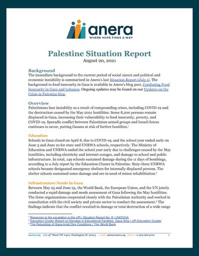 Page one from Anera's Palestine situation report for August 20, 2021