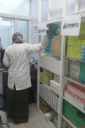 As shown , the medications are stored on a separate shelf since these are not sold and donated to vulnerable patients. This photo was taken from Arabian Medical Relief’s clinic in Zaatari Camp.