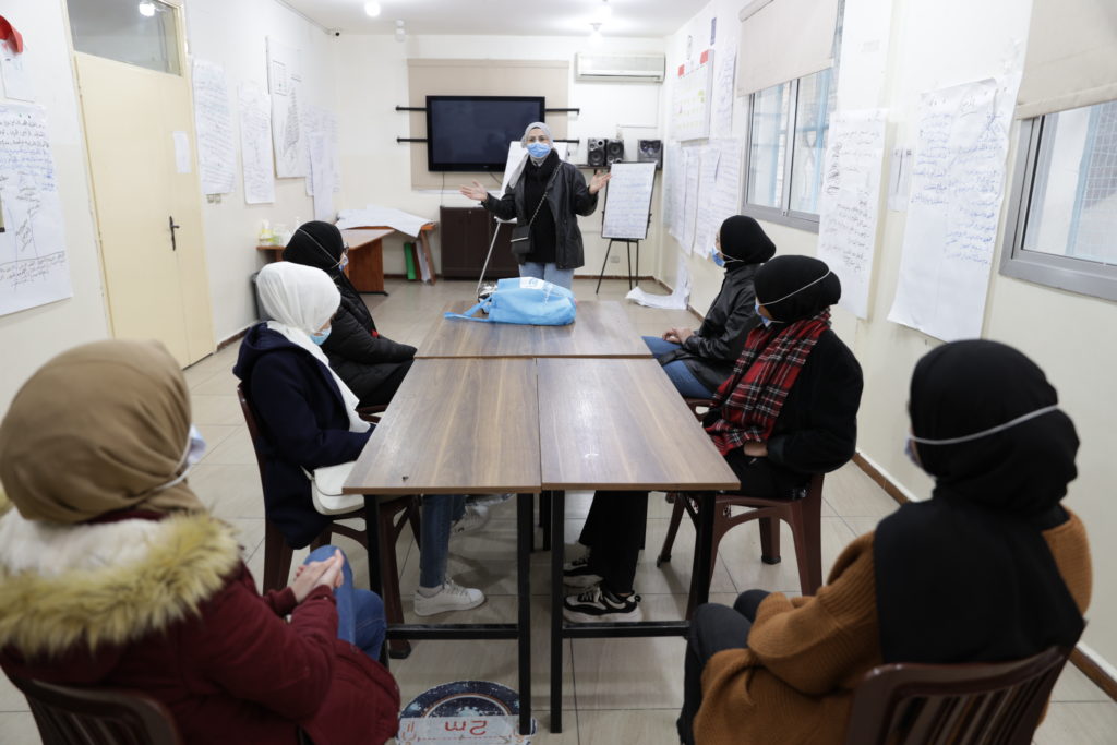 Souad Suleiman, director of Al-Mazar Intermediate School for Girls in Beddawi Palestinian Refugee Camp, teaching a class on menstrual hygiene in 2022.