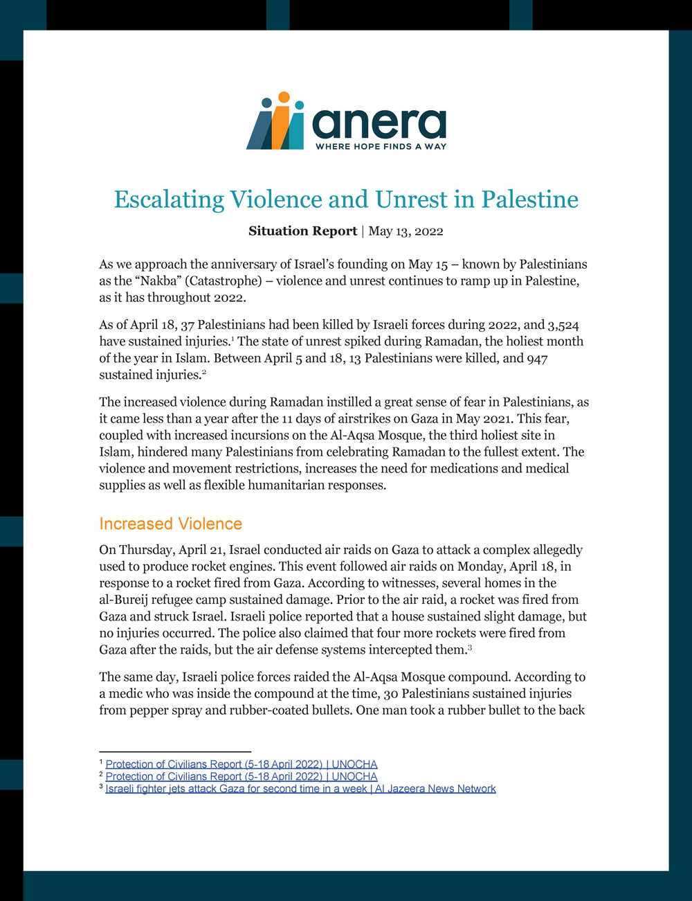 Page 1 of Anera's Situation Report on Escalating Violence in Palestine