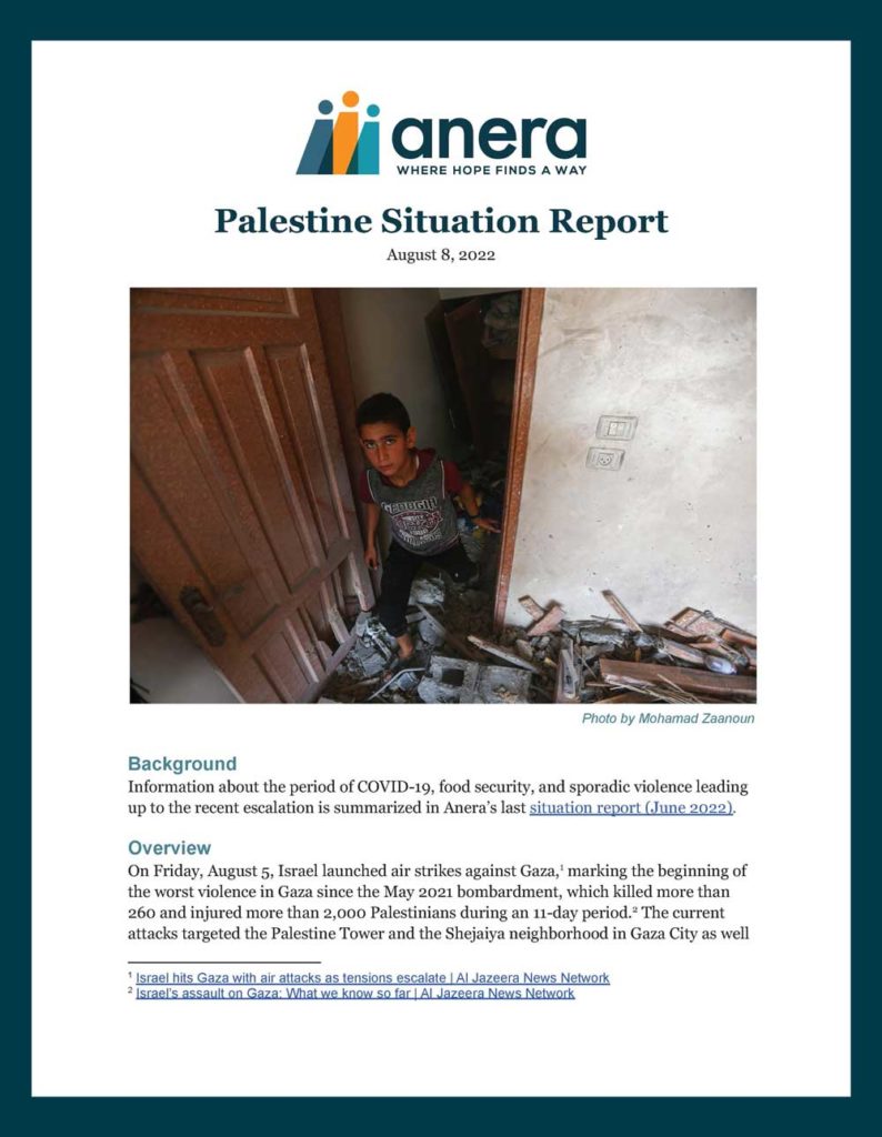 Page one of Anera's situation report from Gaza on August 8, 2022