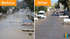 The same street following a rain storm before and after Anera installed a rainwater drainage system with support from IRUSA.