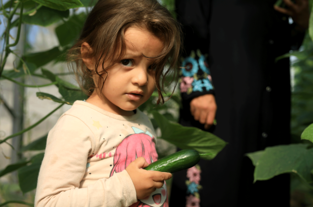 Rahma's daughter holds a cucumber
