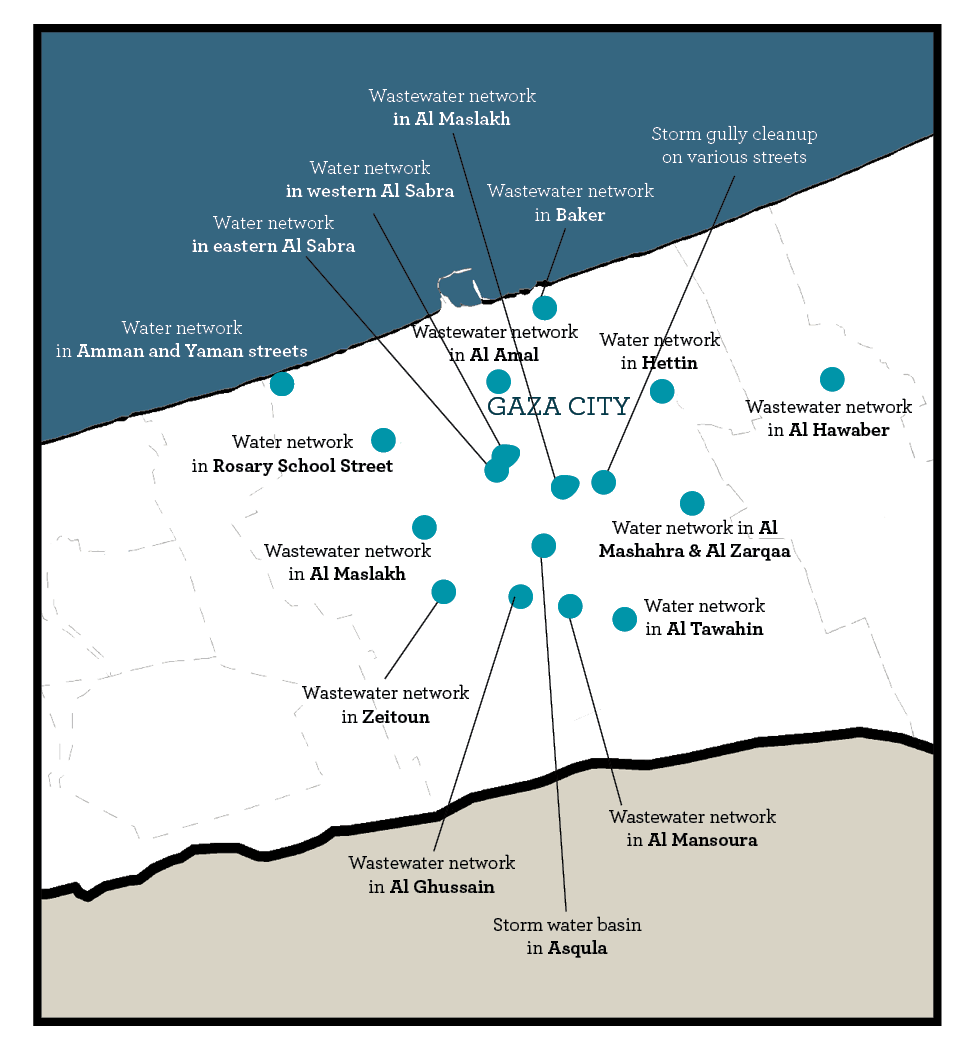 Map of Anera's IRUSA-funded water and sanitation projects in Gaza City.