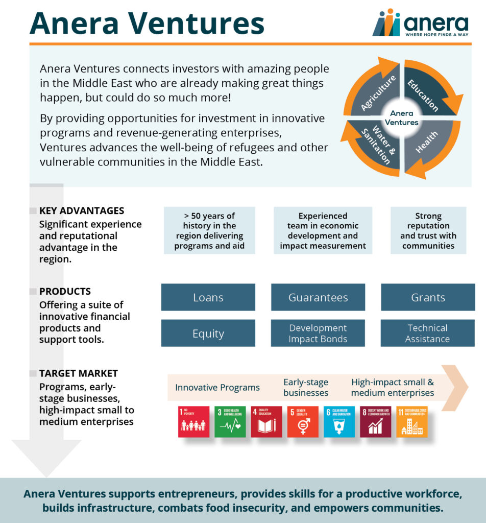 Ventures Graphic Graphic showing the benefits of Anera Ventures