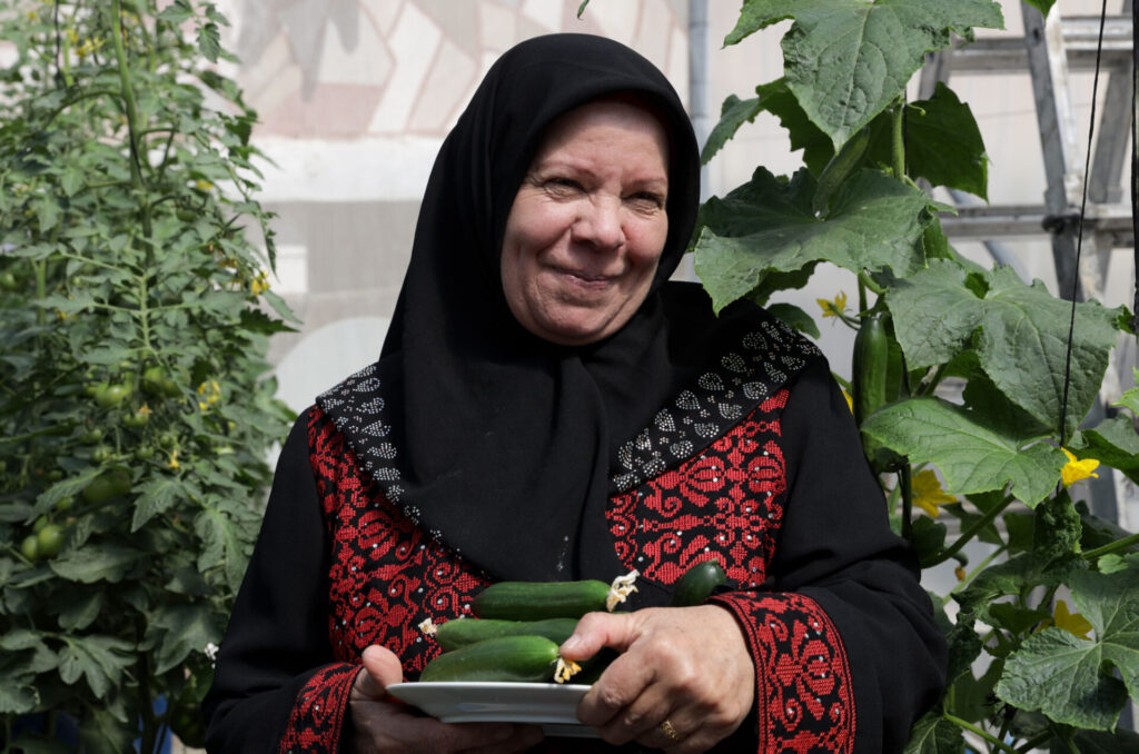 A woman holds cucumbers in her rooftop garden
