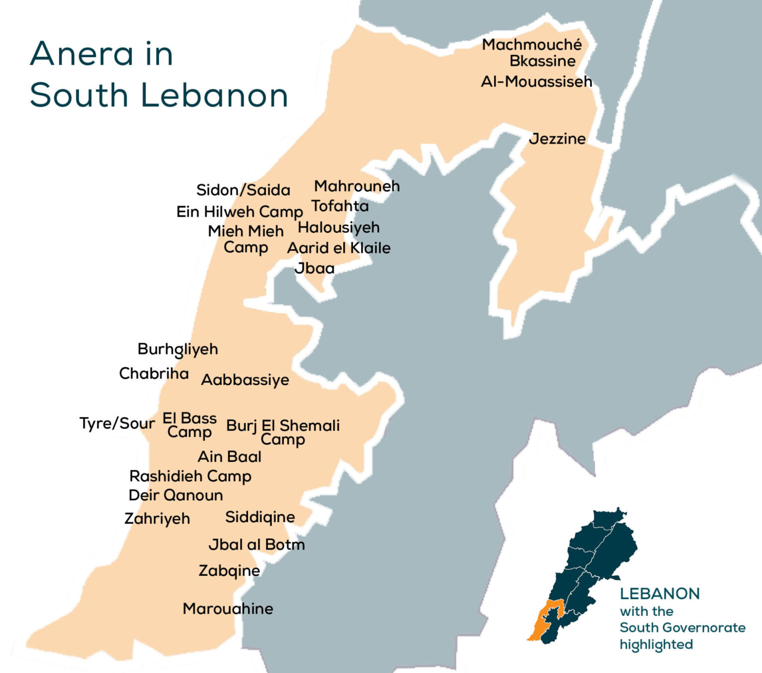 Locations shown on a map of where Anera has worked in the South Governorate of Lebanon. Locations shown on a map of where Anera has worked in the South Governorate of Lebanon.