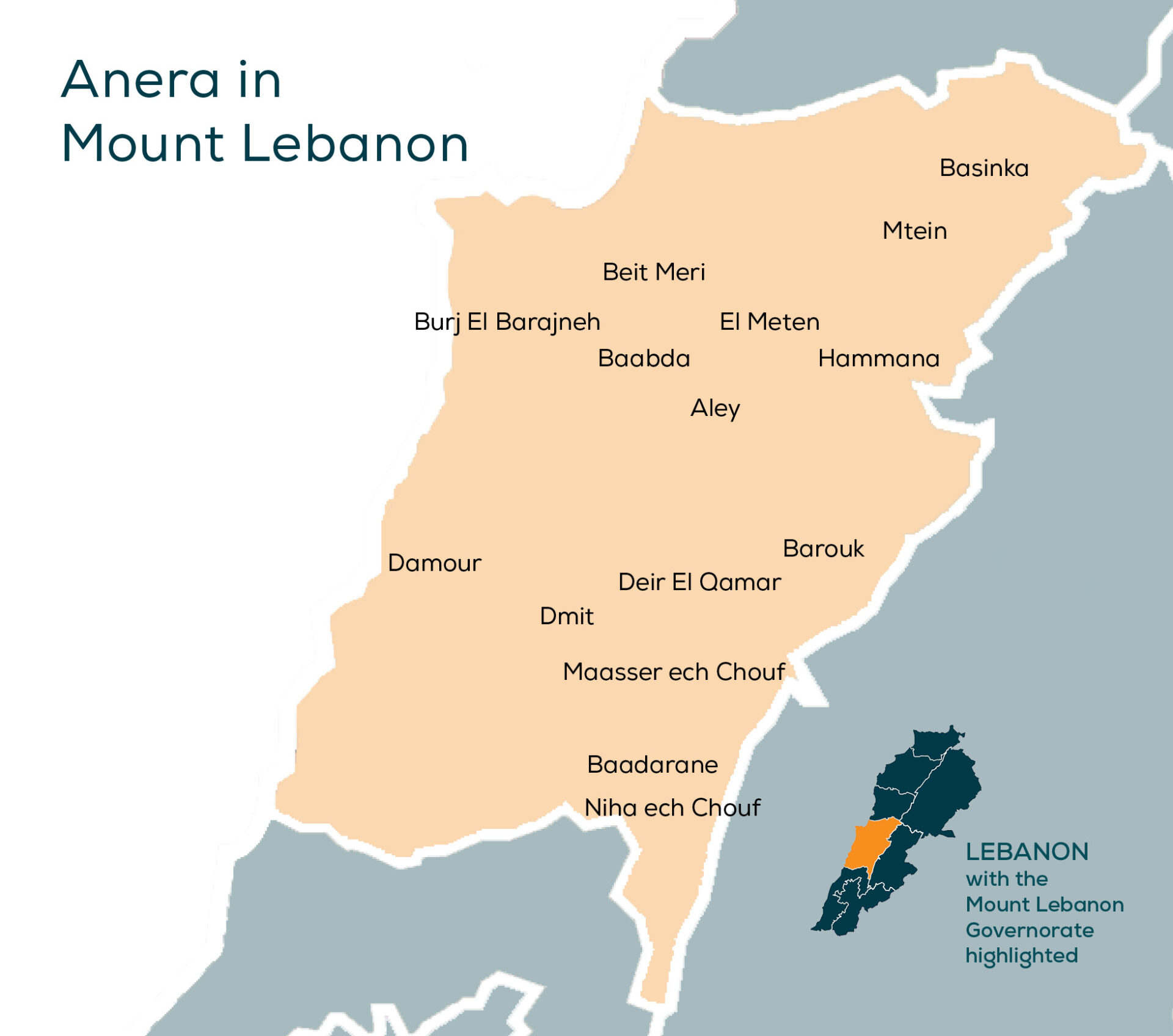 Map of the Mount Lebanon Governorate showing the places where Anera has worked.