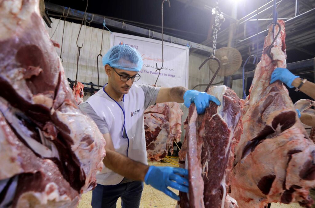 Preparing the meat for Anera's Qurbani distributions in Gaza.