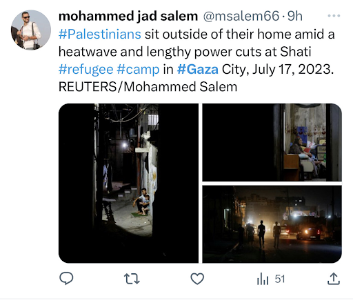 Tweet from Mohammed Jad Salem with his photographs of Shati Refugee Camp on July 17, 2023.