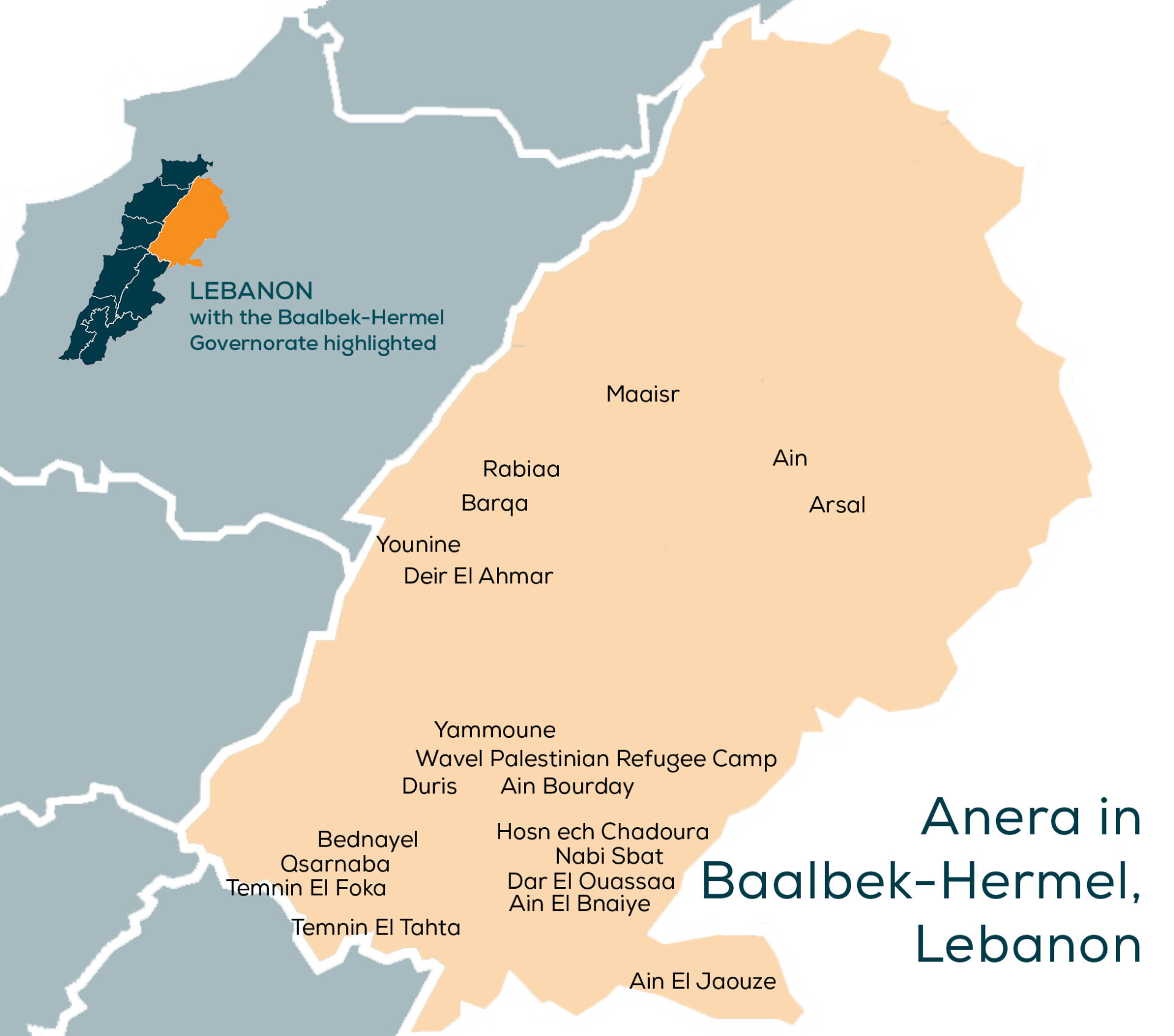A map of the places where Anera ha worked in the Baalbek-Hermel Governorate of Lebanon.