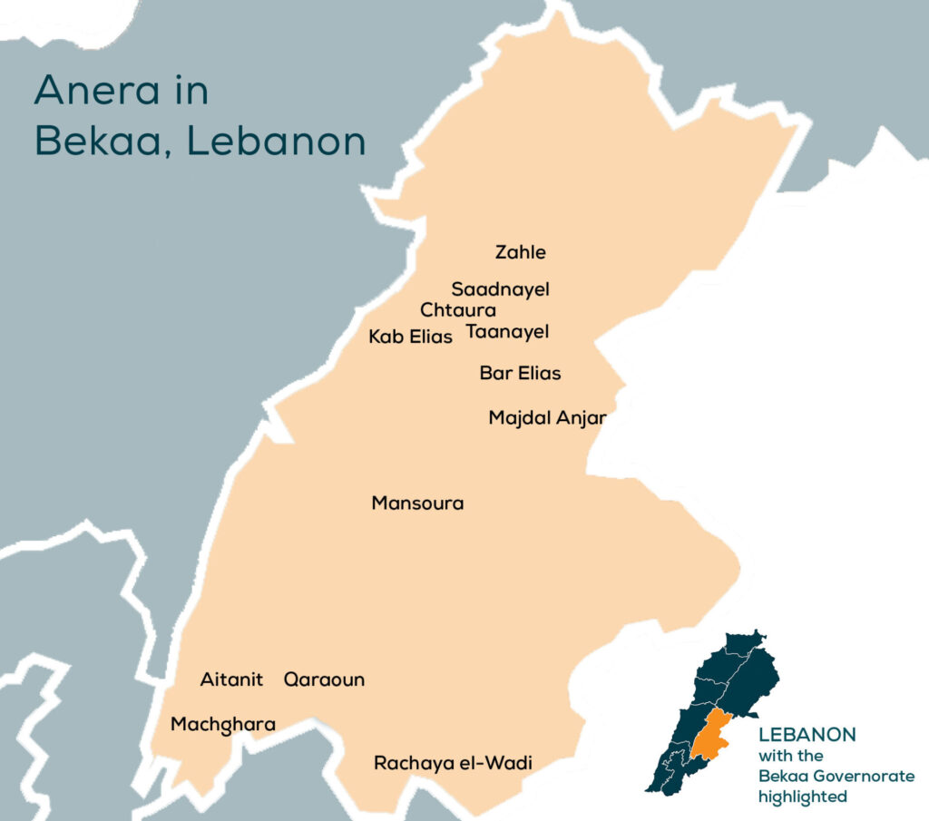 Locations on a map of the Bekaa Governorate in Lebanon where Anera has worked